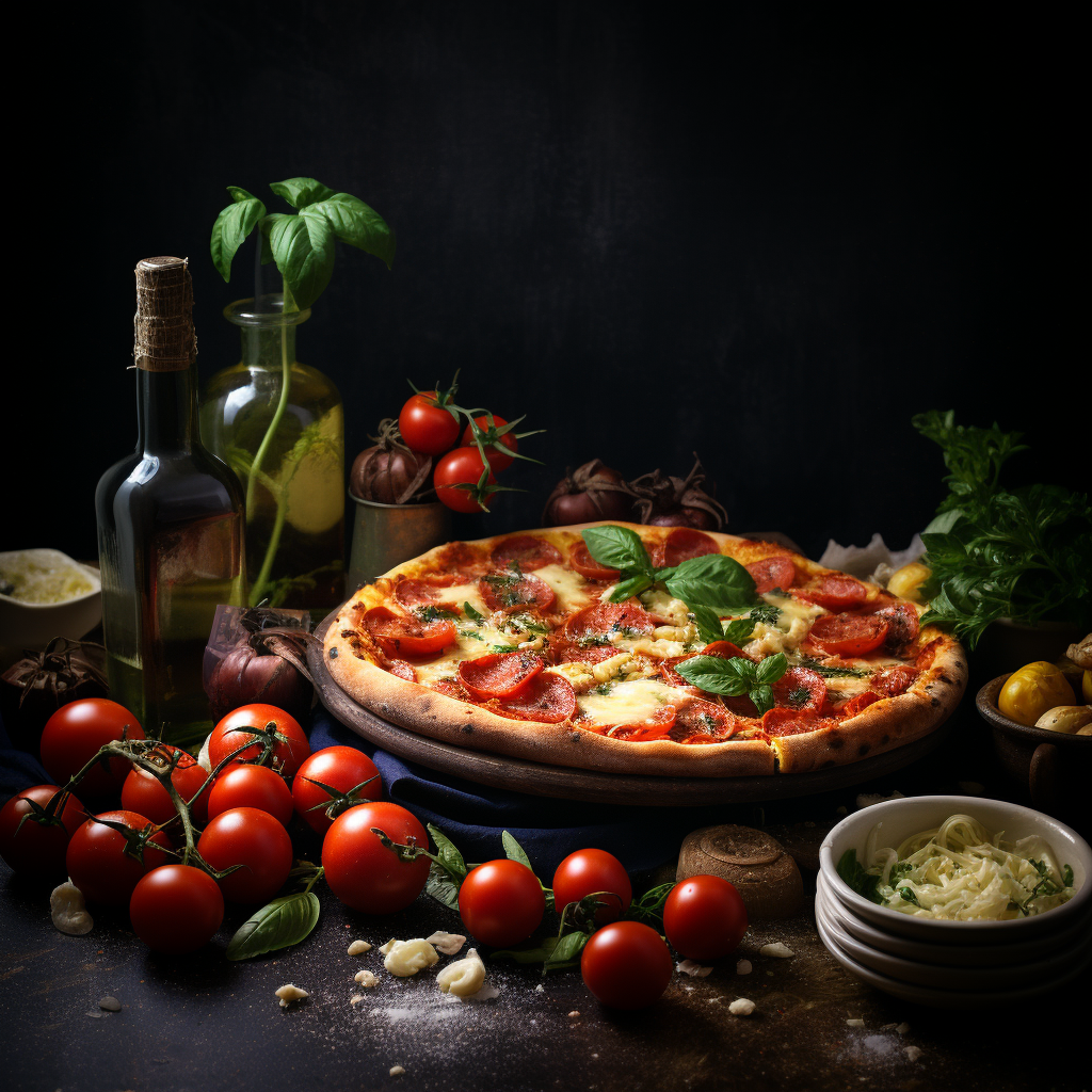 Nourriture Italienne sur une table, tomates, pizza et huile d'olive